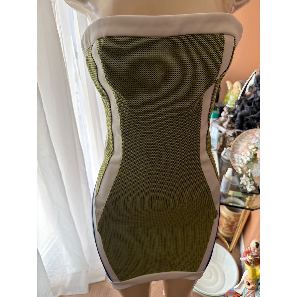 Mustard Seed Strapless Colorblock Bodycon Mini Dress Olive Blue Cream Large